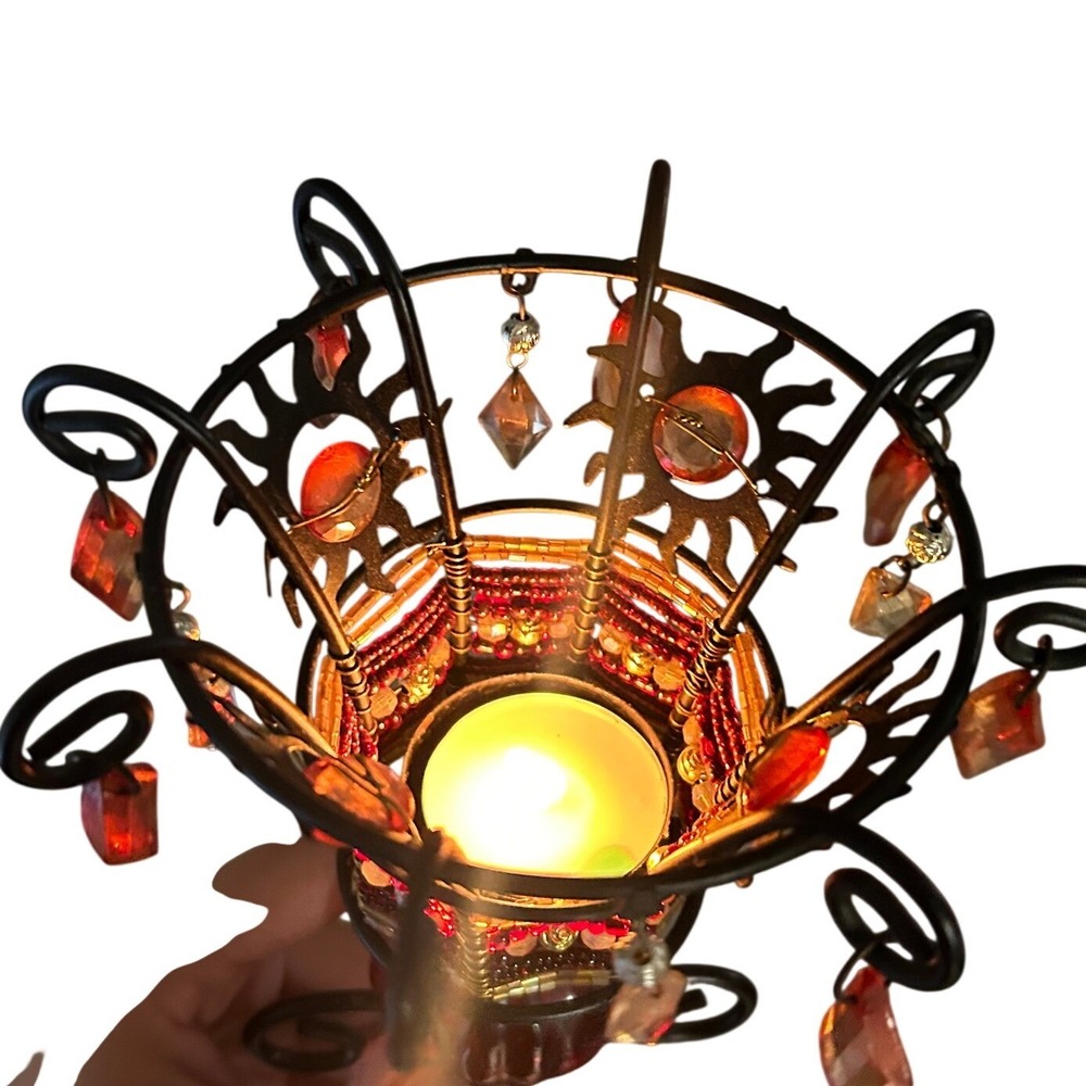 Vintage Bohemian Celestial Votive Candle Holder Bronze Beaded Sunburst Design